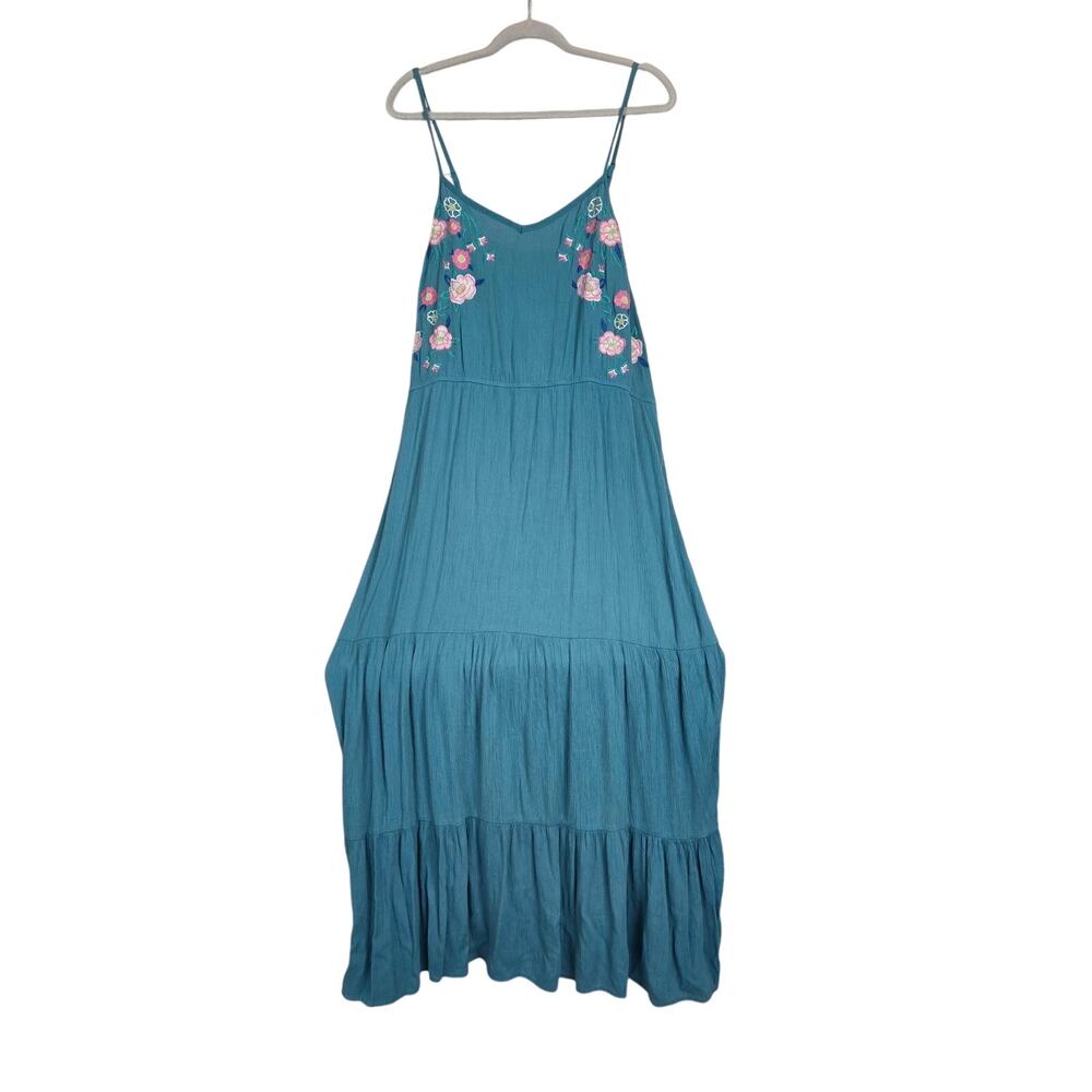Fourteenth Place Teal Maxi Dress Pink Floral Embroidered Ruffle Sundress Fits XL
